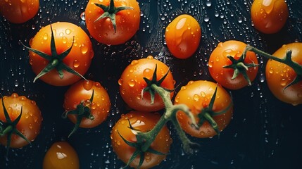 Wet whole tomatos arranged. A pile of fresh organic tomatoes. Nature background. Food ecology and agriculture. Generative AI. Illustration for banner, poster, cover, brochure or presentation.