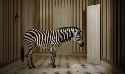 Poster -  a zebra is standing in a room with a door and a checkerboard pattern on the floor and a door way leading into the room.  generative ai