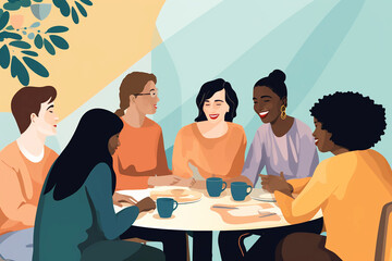 Wall Mural - an infographic with of a small group of people who are of different ethnicities, geneders and ages, sitting around a table discussing a topic about community cohesion and inclusive media