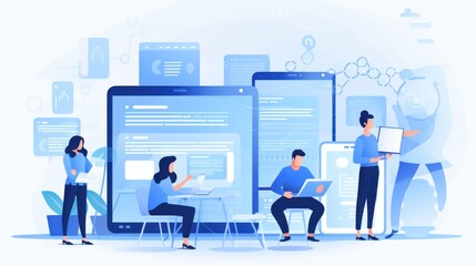 Wall Mural - scene depicting a team of developers working on mobile app development, coding for ios or android pl