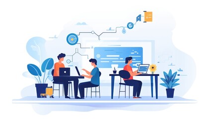 Wall Mural - scene depicting a team of developers working on mobile app development, coding for ios or android pl