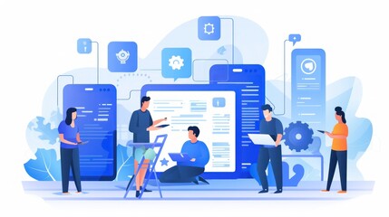 Wall Mural - scene depicting a team of developers working on mobile app development, coding for ios or android pl