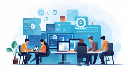 Scene depicting a team of developers working on mobile app development, coding for iOS or Android platforms
