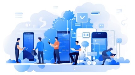 Wall Mural - scene depicting a team of developers working on mobile app development, coding for ios or android pl