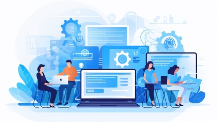 Wall Mural - scene depicting a team of developers working on mobile app development, coding for ios or android pl