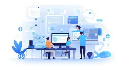 Scene depicting a team of developers working on mobile app development, coding for iOS or Android platforms