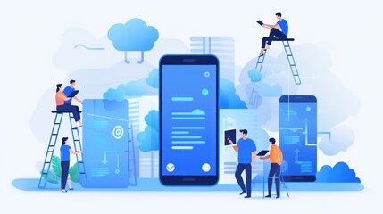 Wall Mural - scene depicting a team of developers working on mobile app development, coding for ios or android pl