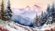Watercolor peaceful winter wonderland with snow-capp. AI generated