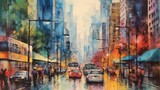 Fototapeta Nowy Jork - Watercolor vibrant city skyline with busy streets. AI generated