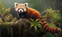  A Red Panda Sitting On Top Of A Tree Branch In The Rain.  Generative Ai