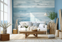Vintage Beach House Wooden Blue White Interior. Generative AI