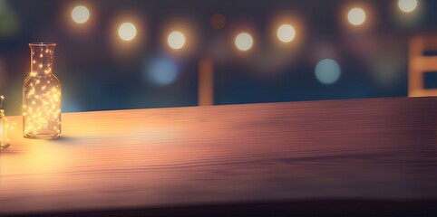 Empty wooden table top on blurred abstract bright bokeh background.