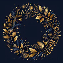 A Wreath Of Gold Leaves And Berries On A Blue Background. Generative AI. Christmas Wreath Clipart.