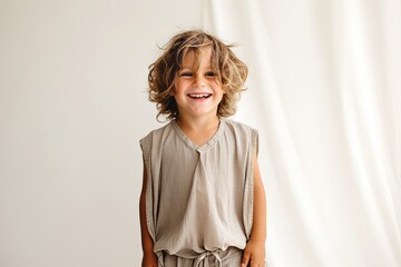 Canvas Print - Little boy in a gray dress on a white background. Close-up.