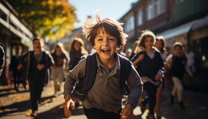 Photo of a schoolyard full of children and a little boy running around during recess. Generative AI