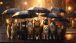 group of cats sitting under a umbrella in the rain