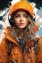 Poster - A woman wearing headphones and an orange jacket. Generative AI.