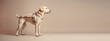 Light-colored Labrador guide dog. Adult purebred dog wearing harness standing sideways isolated on a flat beige background with copy space. Generative AI photo, banner template.