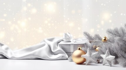 Wall Mural - Christmas silver banner with gift box and stars, with copy space for text