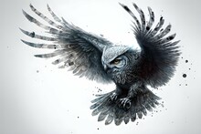 Gray Tattoo Design Of An Owl In Flight Facing The Viewer White Background Futurism Cybernetic Exquisite Detail 