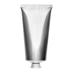 Aluminium brushed metal cosmetic or paint tube for cream or gel with white plastic cap isolated on white background, upright, blank. Luxury packaging container photography. Face moisturizer or cream