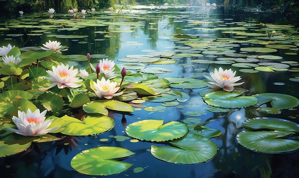  a painting of water lilies and lily pads in a pond with a waterfall in the background and trees in the background with leaves on the water.  generative ai