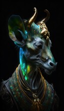 Close Up Portrait A Colorful Elven Forest Anthropomorphic Okapi Mystic Warrior Made Of Translucent Molten Jade And Translucent Liquid Nephrite With Translucent Flowing Iridescent Silk Fabric 