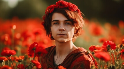 Wall Mural - portrait of non-binary person wearing flowers