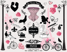 Set Of Vintage Romantic Symbols And Icons Illustrating Paris, France