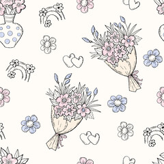 Wall Mural - Floral seamless pattern. Bouquet of flowers on white background with hearts, daisies and rainbow. Vector Illustration. modern linear hand drawn for wallpaper, design, textile, packaging, decor.