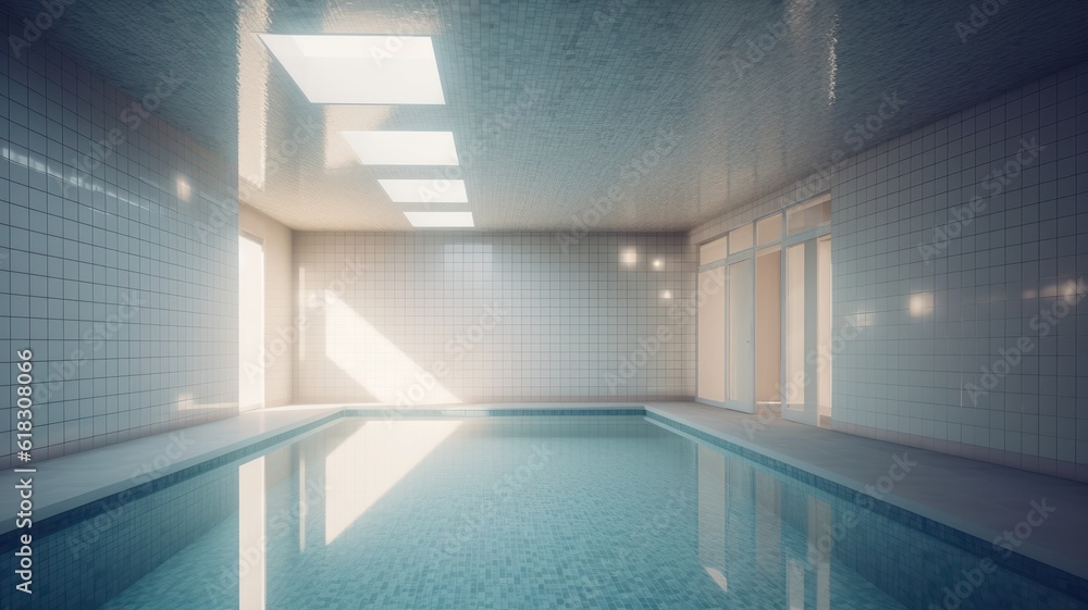 Indoor swimming pool in a luxury modern building. Tile walls and floors ...