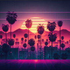 Wall Mural - beautiful sunrise view with view of palm trees and mountains retro neon color