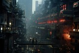 Fototapeta Big Ben - Futuristic moody dystopian cityscape at night with dark allies and large skyscrapers. AI generative