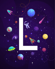 Wall Mural - cartoon space letter l. english abc, font typeface letter vector backdrop with astronaut in outerspa