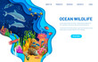 © Vector Tradition - Landing page with paper cut underwater landscape. Vector web banner capturing the tranquility and beauty of the underwater world and ocean wildlife with coral reef, dolphins, fishes and seaweeds