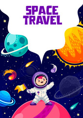 Wall Mural - Cartoon space travel poster. Cartoon kid astronaut on space planet in outer starry galaxy. Vector funny cosmonaut with flag standing on alien planet surface, explore Universe in interstellar journey
