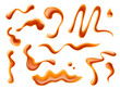 Caramel syrup swirl, splash drips and stains of toffee cream. Realistic vector sugar caramel sauce waves and candy flow, 3D liquid and drops of sweet maple syrup or toffee melt splashes and drips
