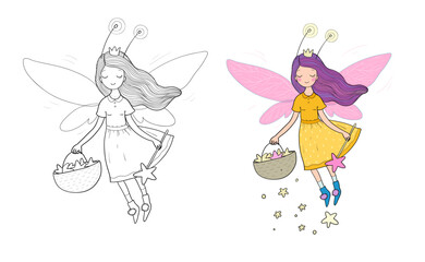 Wall Mural - Cute cartoon fairy. Flower elf. Little girl with wings. Illustration for coloring books. Monochrome and colored versions.