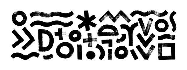 Collection brush drawn various geometric shapes. Hand drawn vector geometric figures isolated on white. Wavy bold lines, circles, square, asterisk and triangle lines. Grunge style black shapes.