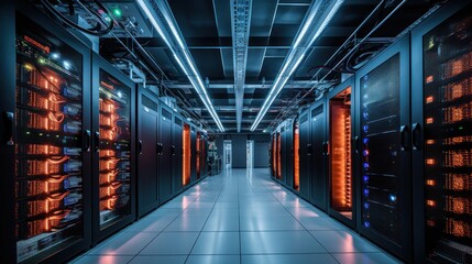 depict a state of the art data center with rows of server racks, cooling systems, and redundant powe