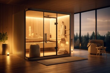 A stylish image featuring a beautifully designed sauna room with modern aesthetics, showcasing the integration of a sauna into a contemporary living or wellness space. Generative AI