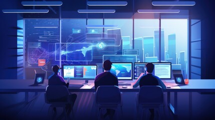 A scene showcasing a team of software developers coding, collaborating, and testing applications in a modern development environment