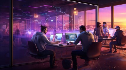 A scene showcasing a team of software developers coding, collaborating, and testing applications in a modern development environment
