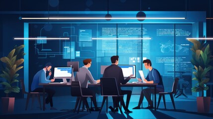 A scene showcasing a team of software developers coding, collaborating, and testing applications in a modern development environment
