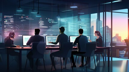 A scene showcasing a team of software developers coding, collaborating, and testing applications in a modern development environment