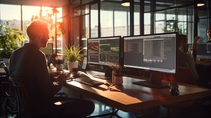 Wall Mural - a scene showcasing a team of software developers coding, collaborating, and testing applications in 