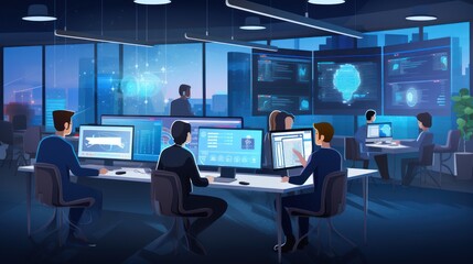 A scene showcasing a team of software developers coding, collaborating, and testing applications in a modern development environment