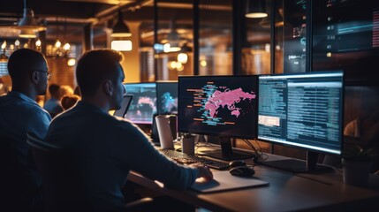 A scene showcasing a team of software developers coding, collaborating, and testing applications in a modern development environment