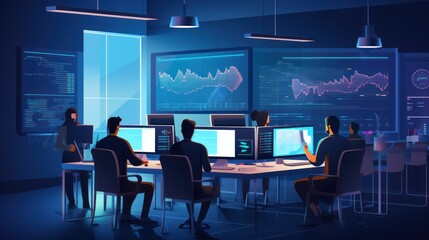 A scene showcasing a team of software developers coding, collaborating, and testing applications in a modern development environment