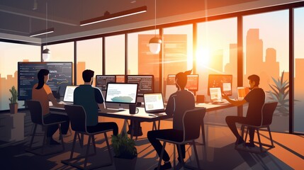A scene showcasing a team of software developers coding, collaborating, and testing applications in a modern development environment